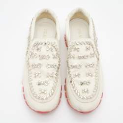Pre Owned Prada White Nylon Crystal Embellished Slip On Sneakers Size 37