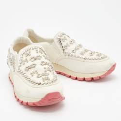 Pre Owned Prada White Nylon Crystal Embellished Slip On Sneakers Size 37