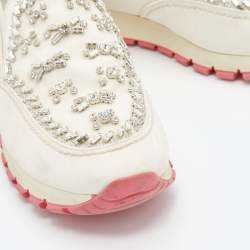 Pre Owned Prada White Nylon Crystal Embellished Slip On Sneakers Size 37