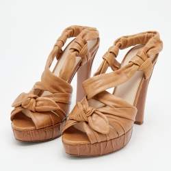 Pre Owned Prada Tan Leather Bow Detail Slingback Platform Sandals Size 38