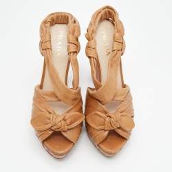 Pre Owned Prada Tan Leather Bow Detail Slingback Platform Sandals Size 38