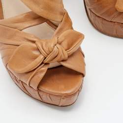 Pre Owned Prada Tan Leather Bow Detail Slingback Platform Sandals Size 38