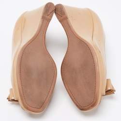 Pre Owned Prada Beige Patent Leather Bow Peep Toe Wedge Pumps Size 38.5