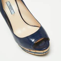 Pre Owned Prada Navy Blue Patent Leather Open Toe Platform Pumps Size 39