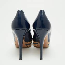 Pre Owned Prada Navy Blue Patent Leather Open Toe Platform Pumps Size 39