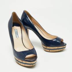 Pre Owned Prada Navy Blue Patent Leather Open Toe Platform Pumps Size 39