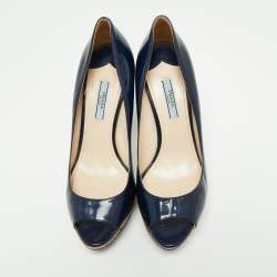 Pre Owned Prada Navy Blue Patent Leather Open Toe Platform Pumps Size 39