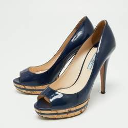 Pre Owned Prada Navy Blue Patent Leather Open Toe Platform Pumps Size 39