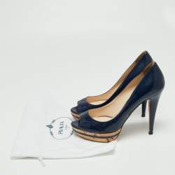 Pre Owned Prada Navy Blue Patent Leather Open Toe Platform Pumps Size 39