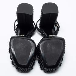 Pre Owned Prada Black Fabric Crystal Embellished Platform Block Heel Ankle Strap Sandals Size 40.5