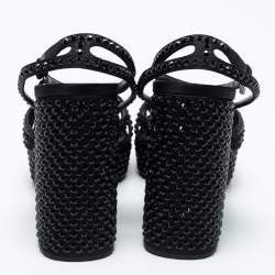 Pre Owned Prada Black Fabric Crystal Embellished Platform Block Heel Ankle Strap Sandals Size 40.5