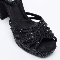 Pre Owned Prada Black Fabric Crystal Embellished Platform Block Heel Ankle Strap Sandals Size 40.5