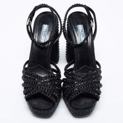 Pre Owned Prada Black Fabric Crystal Embellished Platform Block Heel Ankle Strap Sandals Size 40.5