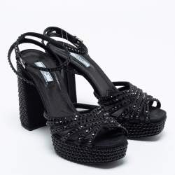Pre Owned Prada Black Fabric Crystal Embellished Platform Block Heel Ankle Strap Sandals Size 40.5
