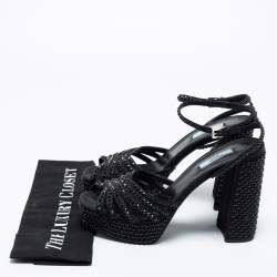 Pre Owned Prada Black Fabric Crystal Embellished Platform Block Heel Ankle Strap Sandals Size 40.5