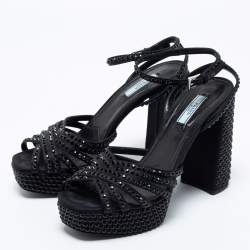 Pre Owned Prada Black Fabric Crystal Embellished Platform Block Heel Ankle Strap Sandals Size 40.5