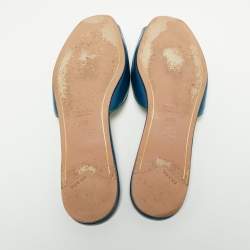 Pre Owned Prada Blue Saffiano Vernice Leather Flat Slides Size 38.5