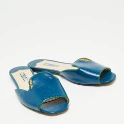 Pre Owned Prada Blue Saffiano Vernice Leather Flat Slides Size 38.5