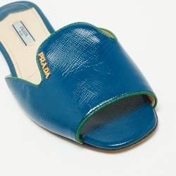 Pre Owned Prada Blue Saffiano Vernice Leather Flat Slides Size 38.5