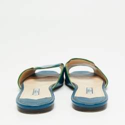 Pre Owned Prada Blue Saffiano Vernice Leather Flat Slides Size 38.5