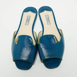 Pre Owned Prada Blue Saffiano Vernice Leather Flat Slides Size 38.5