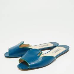 Pre Owned Prada Blue Saffiano Vernice Leather Flat Slides Size 38.5