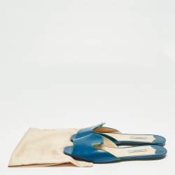 Pre Owned Prada Blue Saffiano Vernice Leather Flat Slides Size 38.5