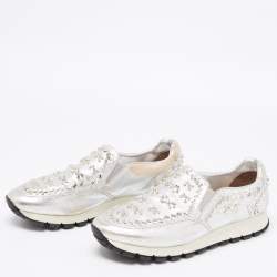 Pre Owned Prada Silver Leather Embellished Slip On Sneakers Size 41