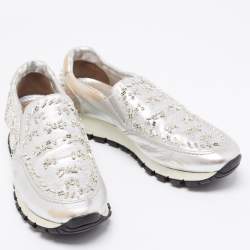Pre Owned Prada Silver Leather Embellished Slip On Sneakers Size 41