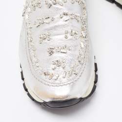 Pre Owned Prada Silver Leather Embellished Slip On Sneakers Size 41