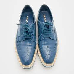 Pre Owned Prada Blue Brogue Leather Wingtip Platform Derby Sneakers Size 39.5