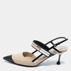 Pre Owned Prada Cream/Black Leather And Rubber Trim Pointed Toe Slingback Sandals Size 35