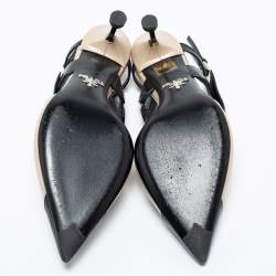 Pre Owned Prada Cream/Black Leather And Rubber Trim Pointed Toe Slingback Sandals Size 35