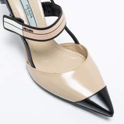 Pre Owned Prada Cream/Black Leather And Rubber Trim Pointed Toe Slingback Sandals Size 35