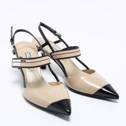 Pre Owned Prada Cream/Black Leather And Rubber Trim Pointed Toe Slingback Sandals Size 35