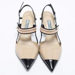 Pre Owned Prada Cream/Black Leather And Rubber Trim Pointed Toe Slingback Sandals Size 35