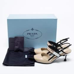 Pre Owned Prada Cream/Black Leather And Rubber Trim Pointed Toe Slingback Sandals Size 35