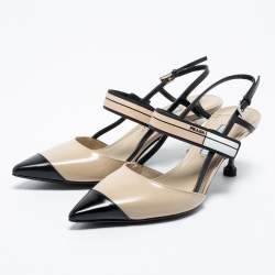 Pre Owned Prada Cream/Black Leather And Rubber Trim Pointed Toe Slingback Sandals Size 35