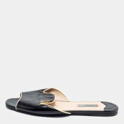 Prada Black Saffiano Patent Leather Flat Slide Sandals Size  Prada | TLC