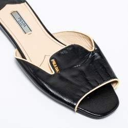 Pre Owned Prada Black Saffiano Patent Leather Flat Slide Sandals Size 39.5