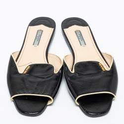 Pre Owned Prada Black Saffiano Patent Leather Flat Slide Sandals Size 39.5