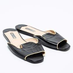Pre Owned Prada Black Saffiano Patent Leather Flat Slide Sandals Size 39.5