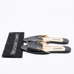 Pre Owned Prada Black Saffiano Patent Leather Flat Slide Sandals Size 39.5