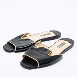 Pre Owned Prada Black Saffiano Patent Leather Flat Slide Sandals Size 39.5