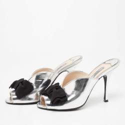 Pre Owned Prada Silver/Black Patent Leather And Fabric Bow Mules Size 39