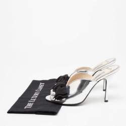 Pre Owned Prada Silver/Black Patent Leather And Fabric Bow Mules Size 39