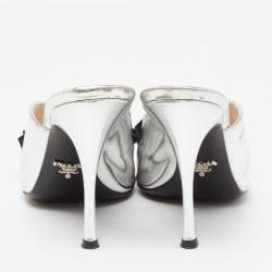 Pre Owned Prada Silver/Black Patent Leather And Fabric Bow Mules Size 39