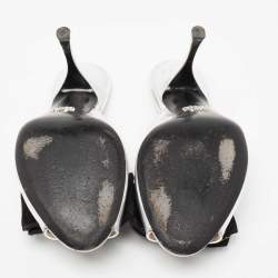 Pre Owned Prada Silver/Black Patent Leather And Fabric Bow Mules Size 39