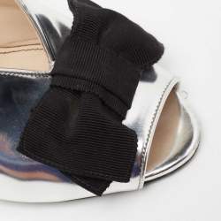 Pre Owned Prada Silver/Black Patent Leather And Fabric Bow Mules Size 39