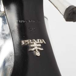 Pre Owned Prada Silver/Black Patent Leather And Fabric Bow Mules Size 39